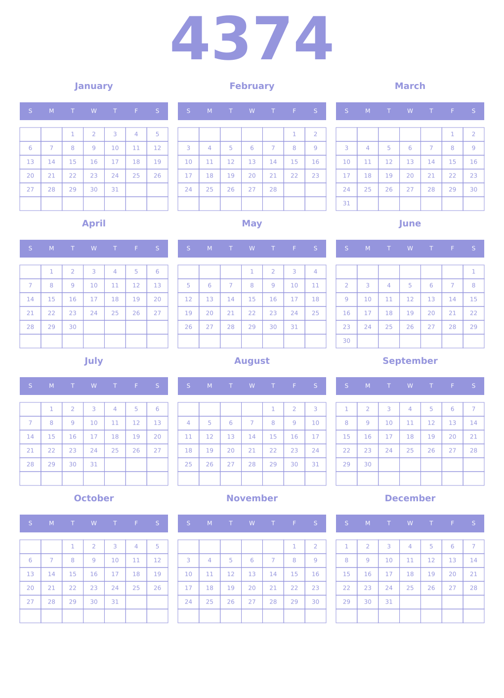 Printable 4374 Year Calendars periwinkle