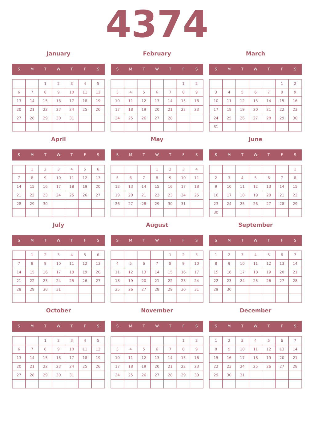 Printable 4374 Year Calendars puce