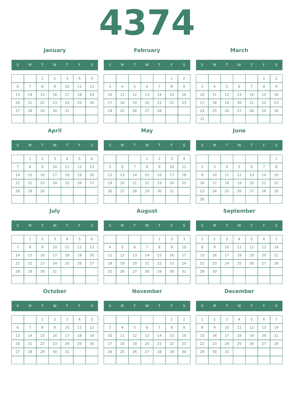 Printable 4374 Year Calendars viridian