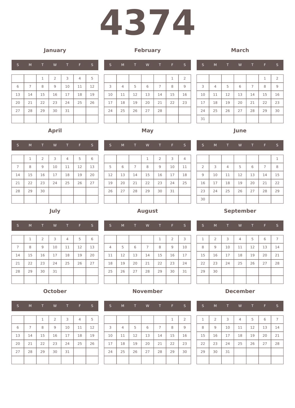 Printable 4374 Year Calendars wenge
