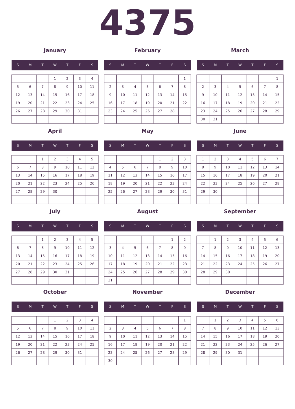 Printable 4375 Year Calendars aubergine