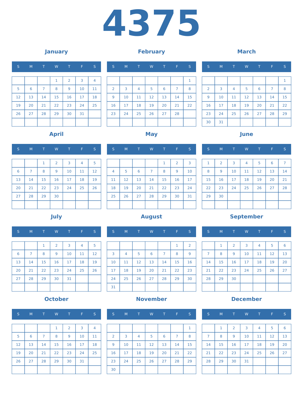 Printable 4375 Year Calendars blue