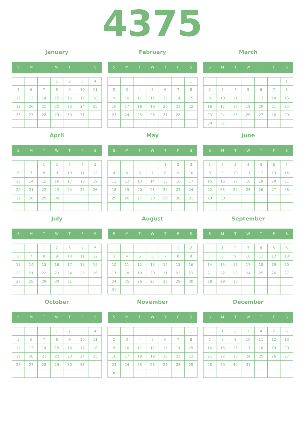 Printable 4375 Year Calendars celadon