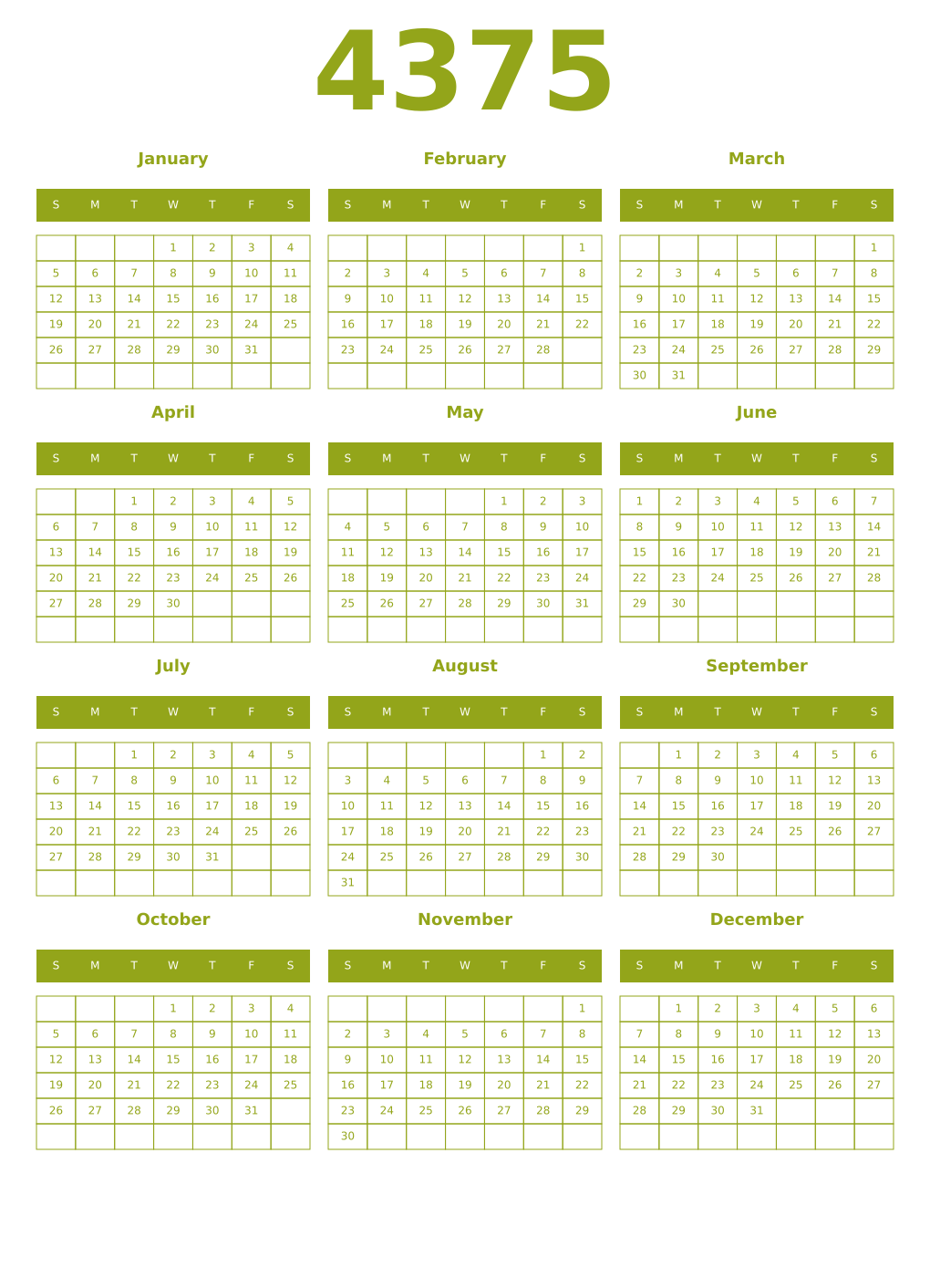 Printable 4375 Year Calendars chartreuse