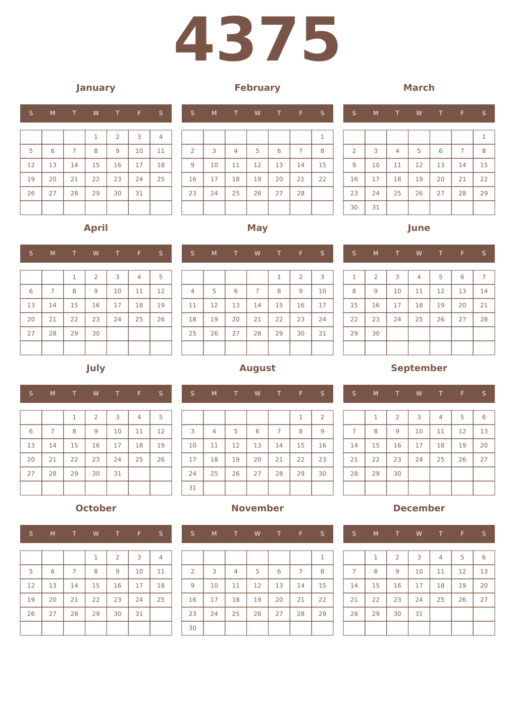 Printable 4375 Year Calendars coffe