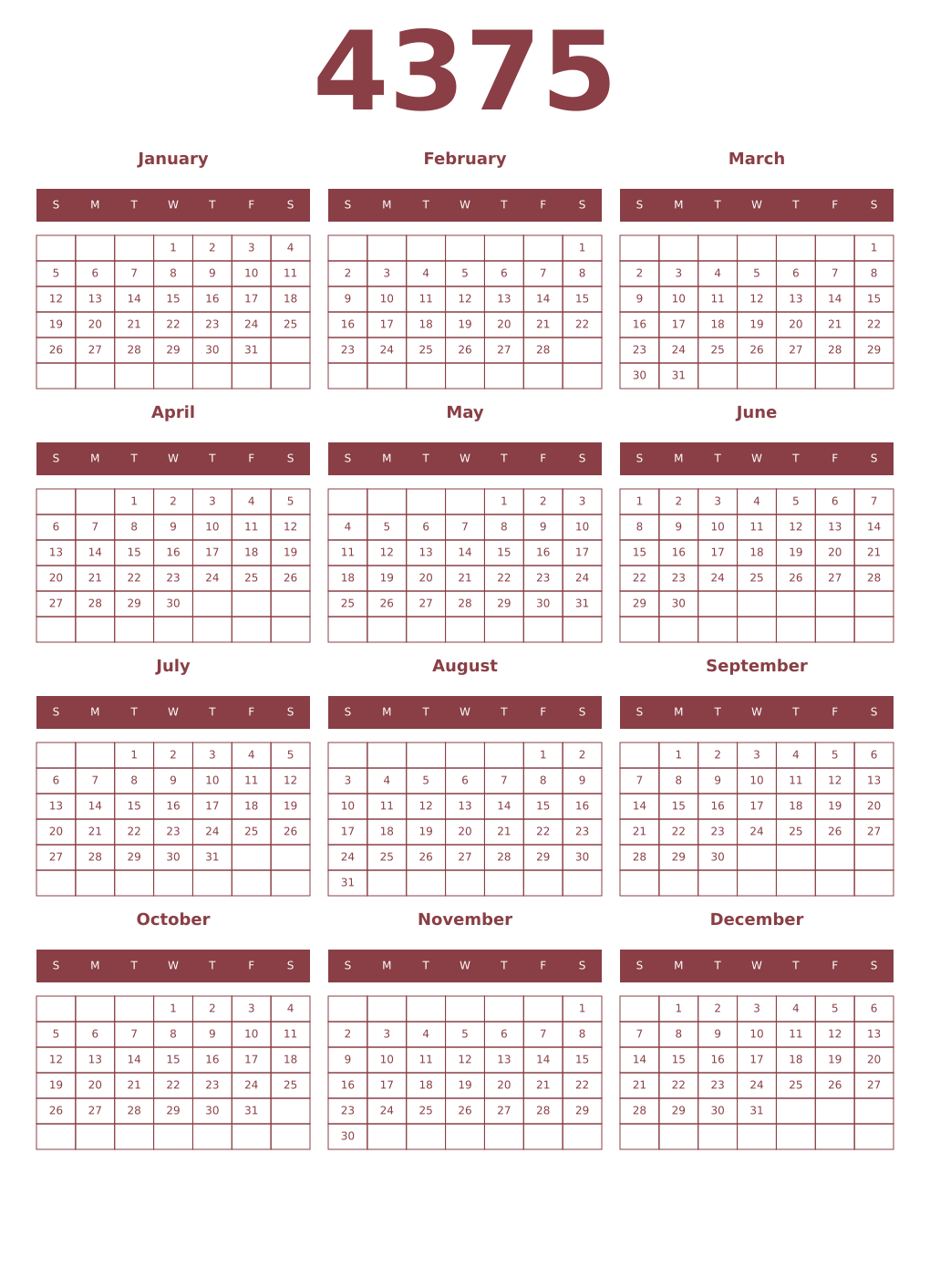 Printable 4375 Year Calendars cordovan