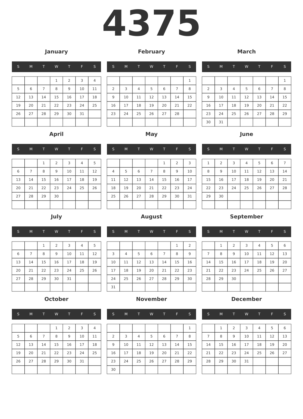 Printable 4375 Year Calendars dark
