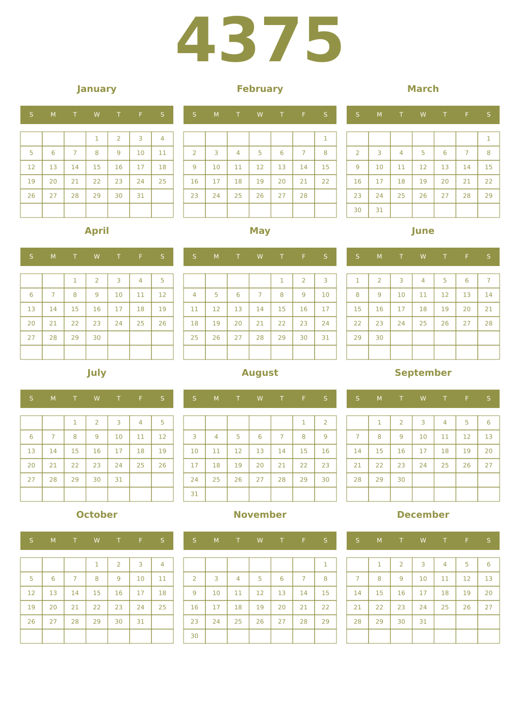Printable 4375 Year Calendars eburnean