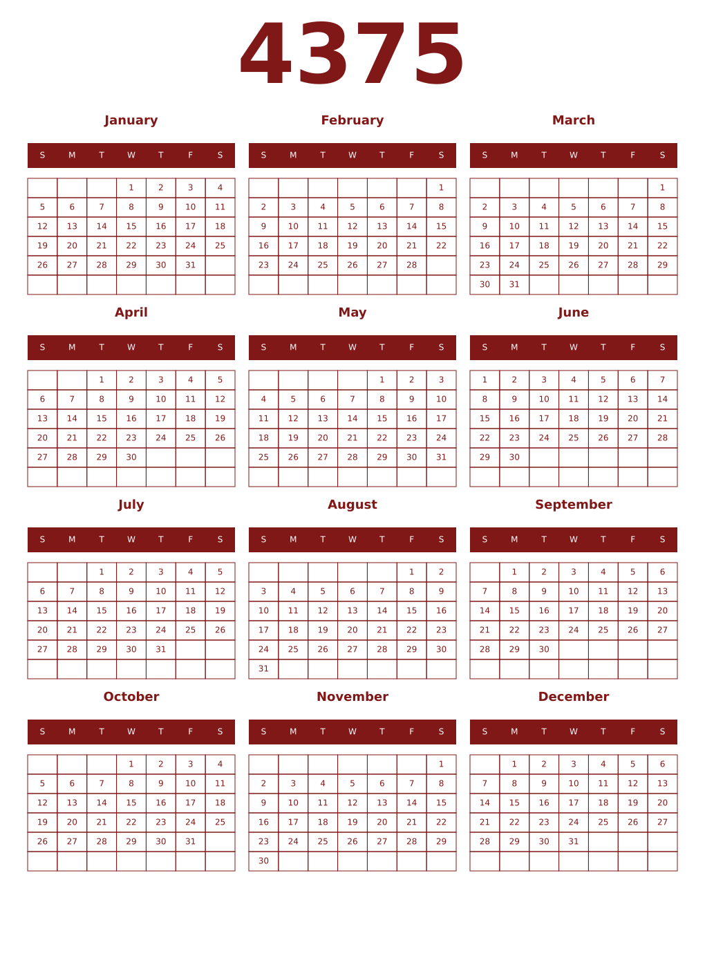 Printable 4375 Year Calendars falu