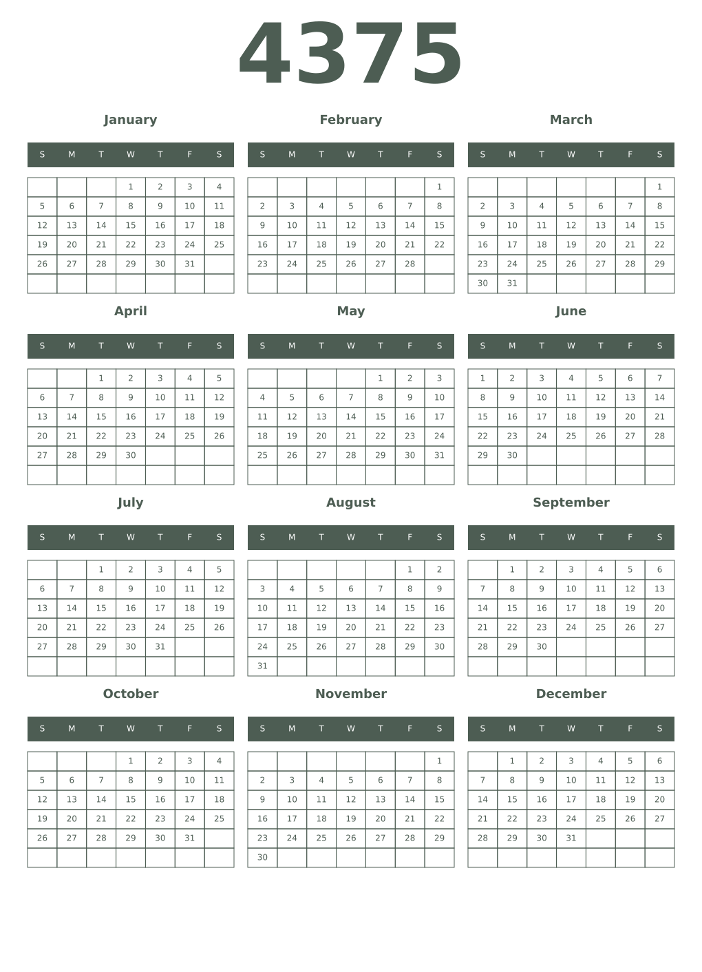 Printable 4375 Year Calendars feldgrau