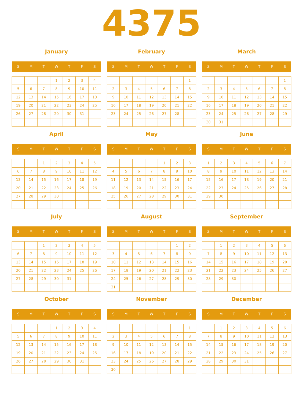 Printable 4375 Year Calendars gamboge