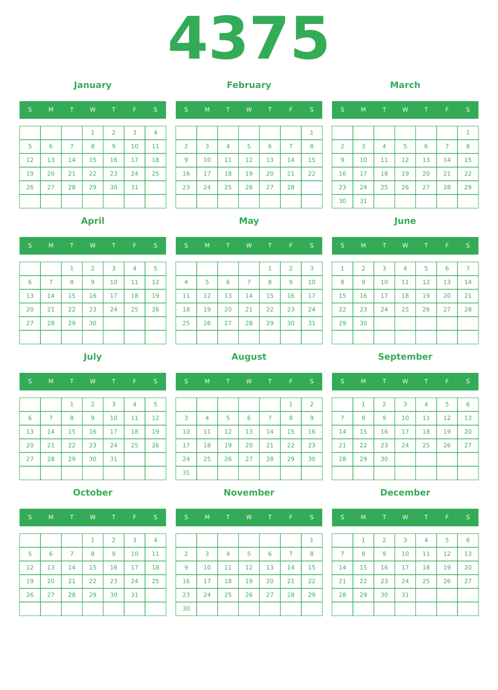 Printable 4375 Year Calendars green