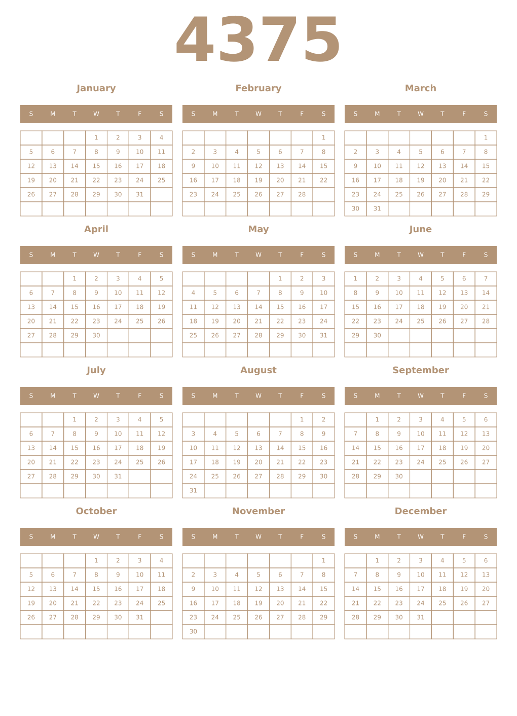 Printable 4375 Year Calendars isabelline