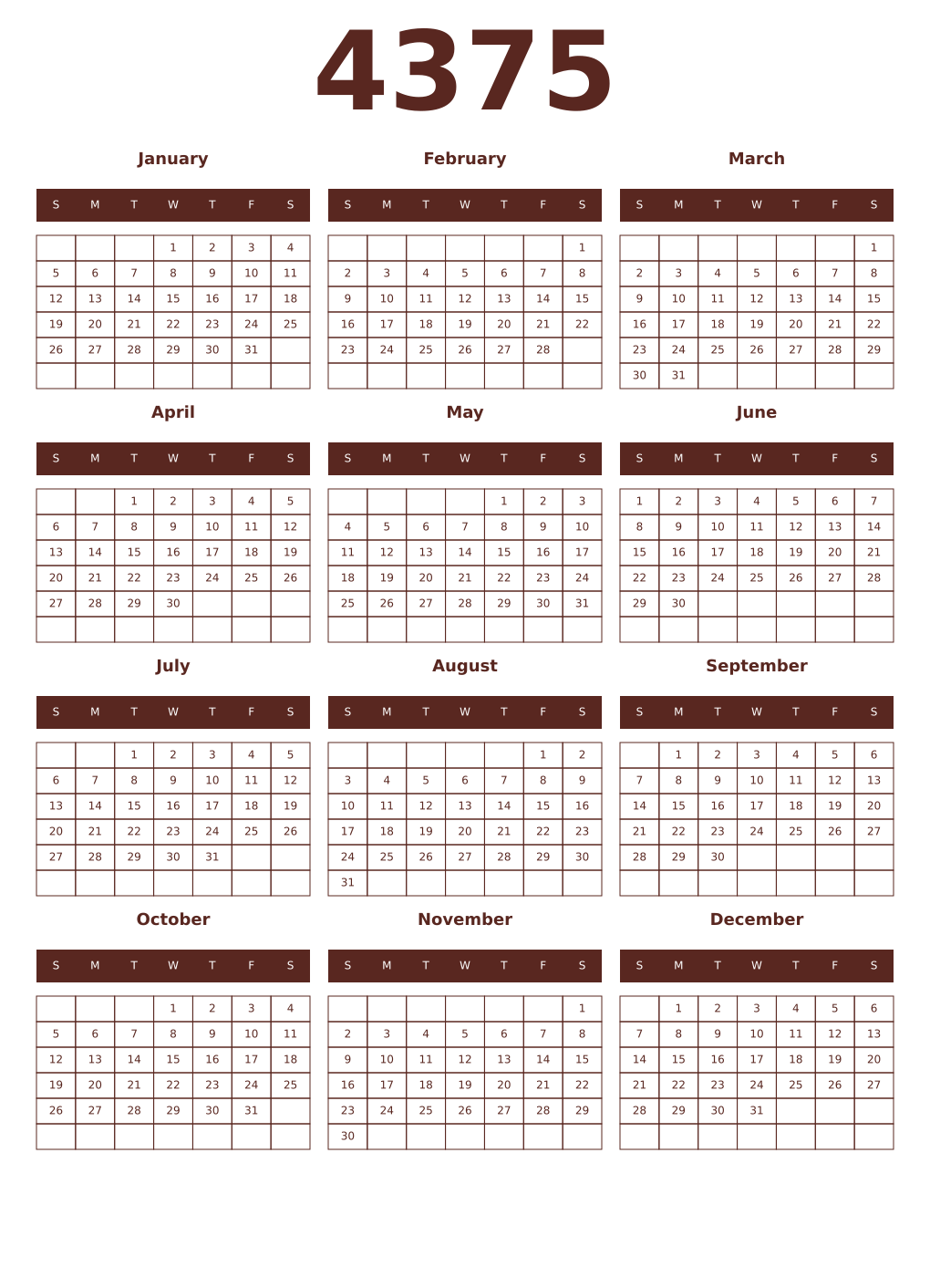 Printable 4375 Year Calendars mortuum