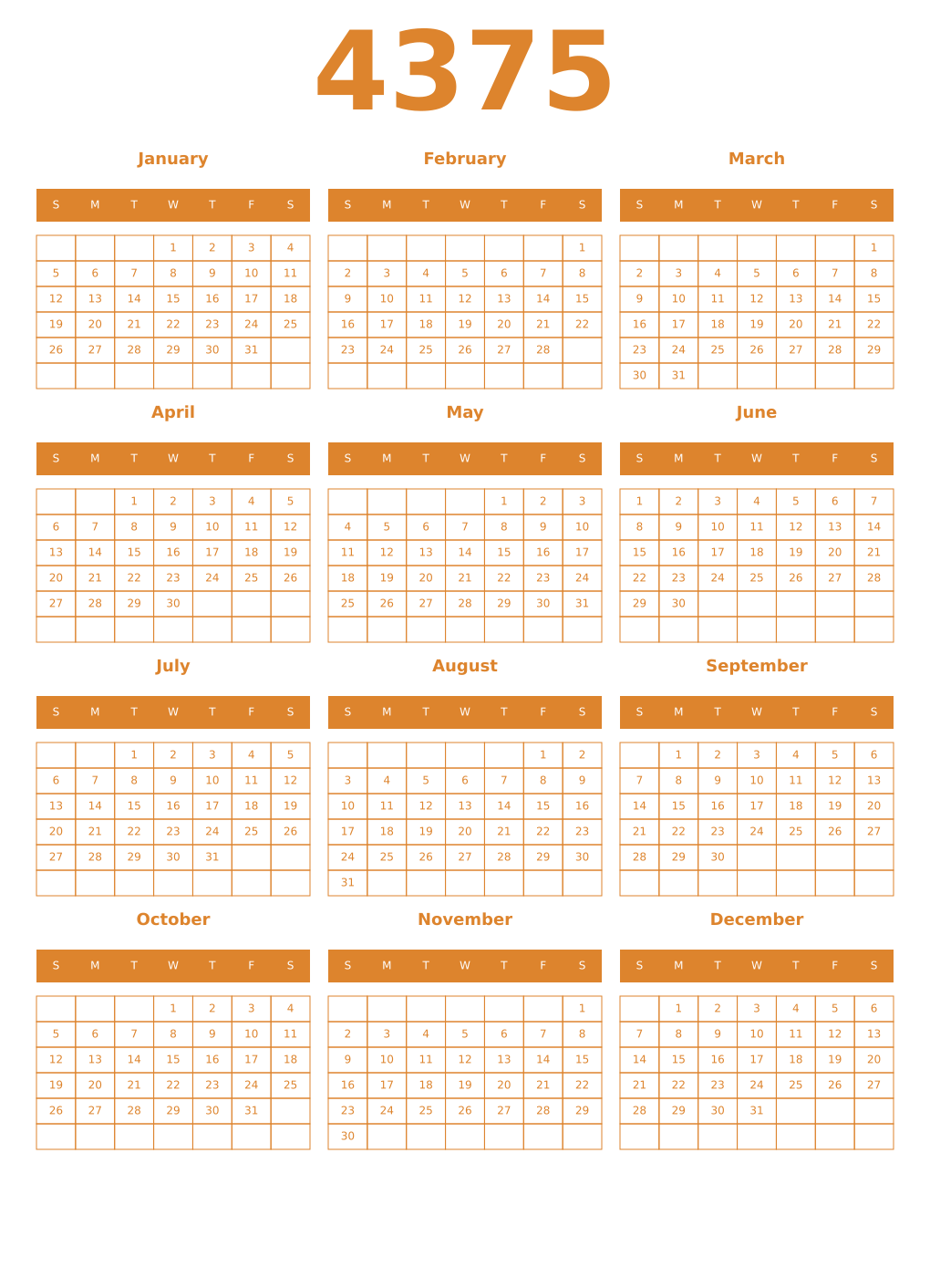 Printable 4375 Year Calendars orange