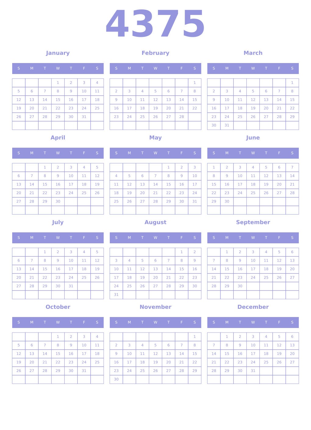 Printable 4375 Year Calendars periwinkle
