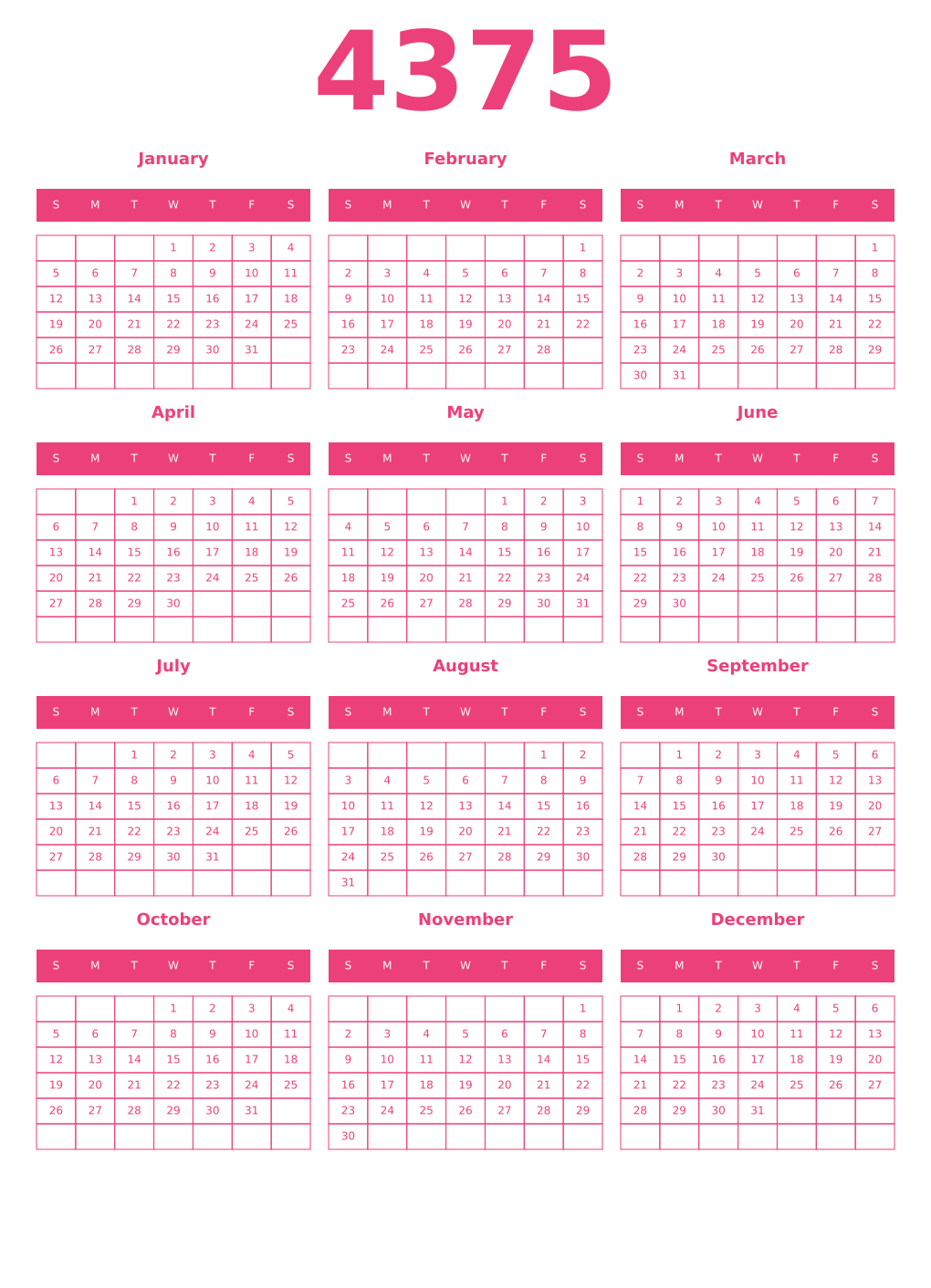 Printable 4375 Year Calendars pink