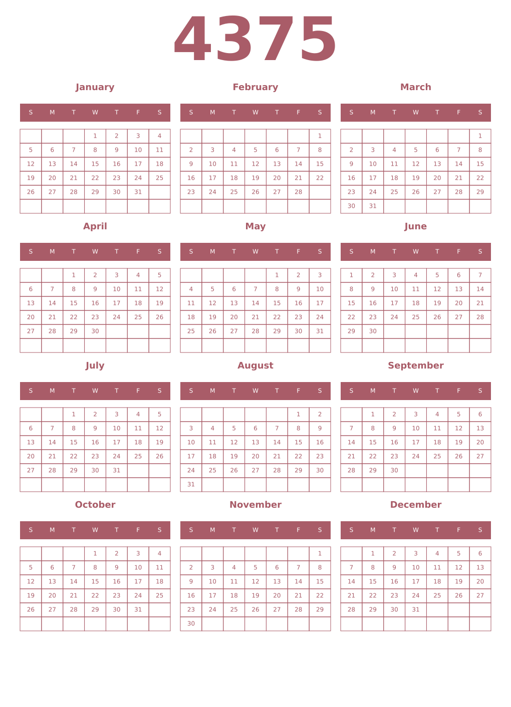 Printable 4375 Year Calendars puce