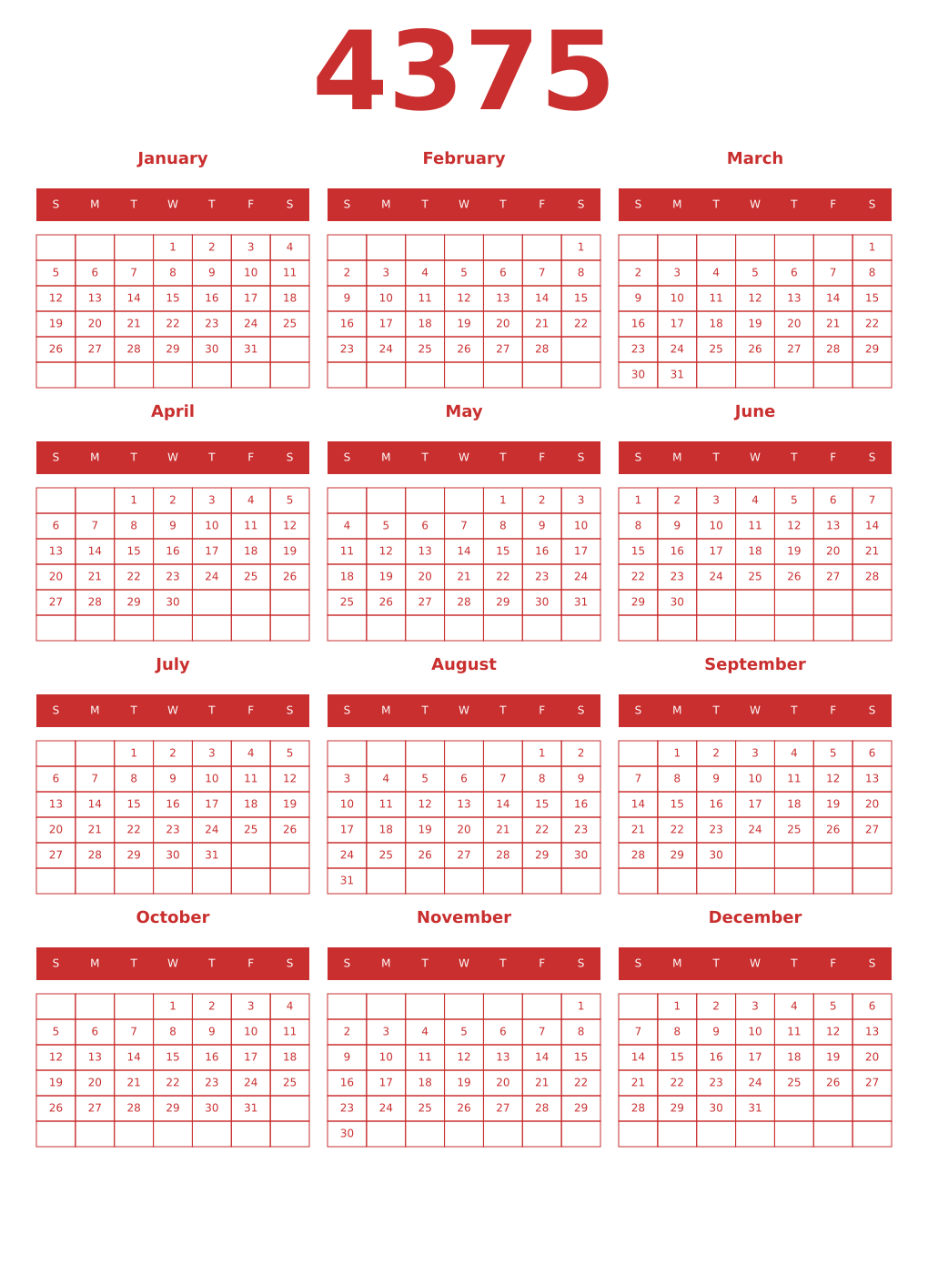 Printable 4375 Year Calendars red
