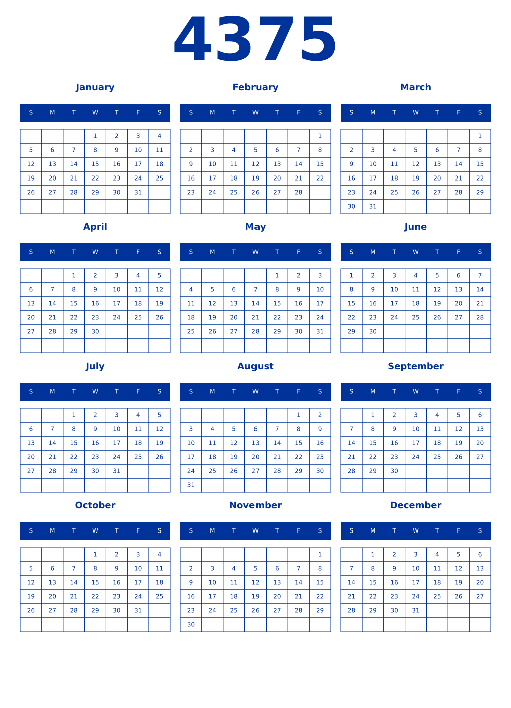 Printable 4375 Year Calendars smalt