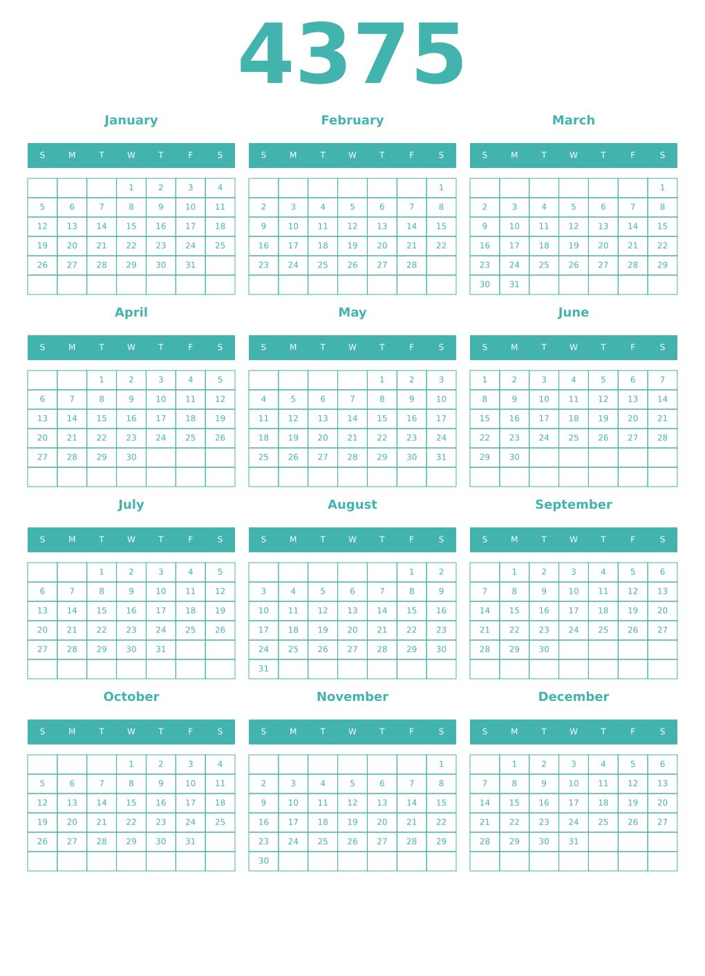 Printable 4375 Year Calendars verdigris