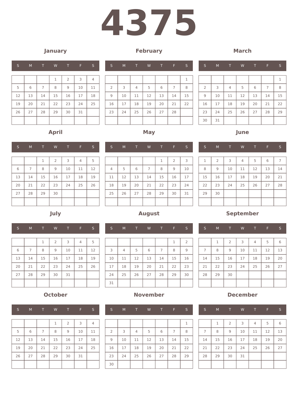 Printable 4375 Year Calendars wenge