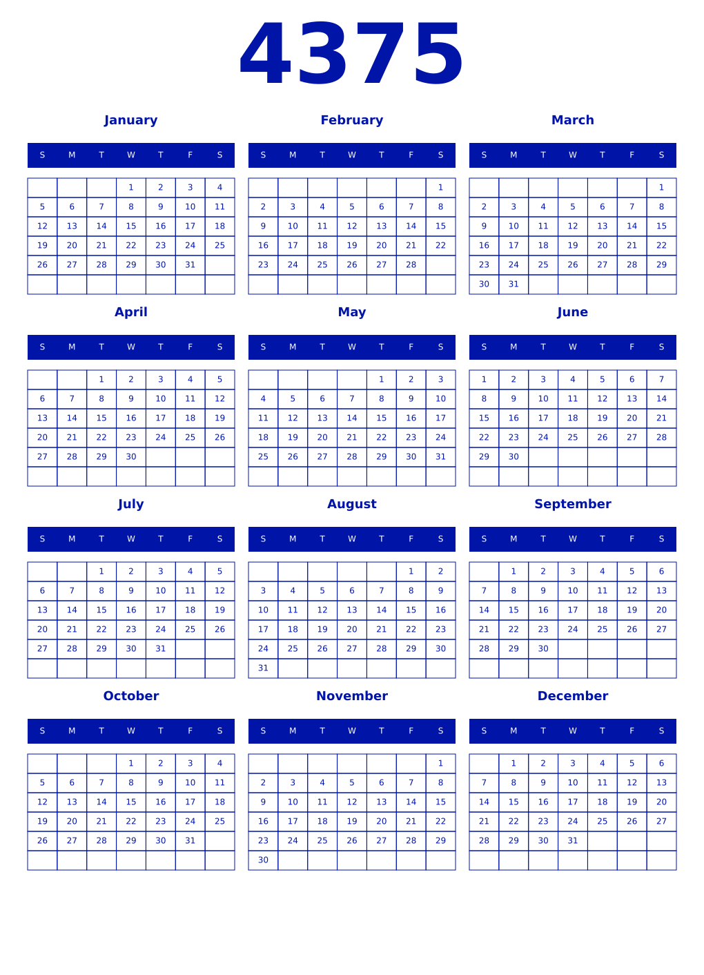 Printable 4375 Year Calendars zaffre