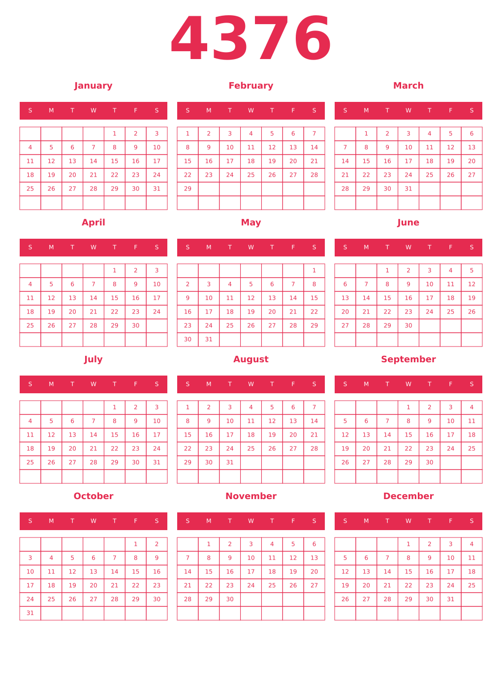 Printable 4376 Year Calendars amaranth