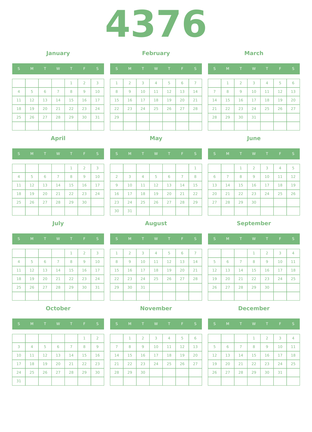 Printable 4376 Year Calendars celadon