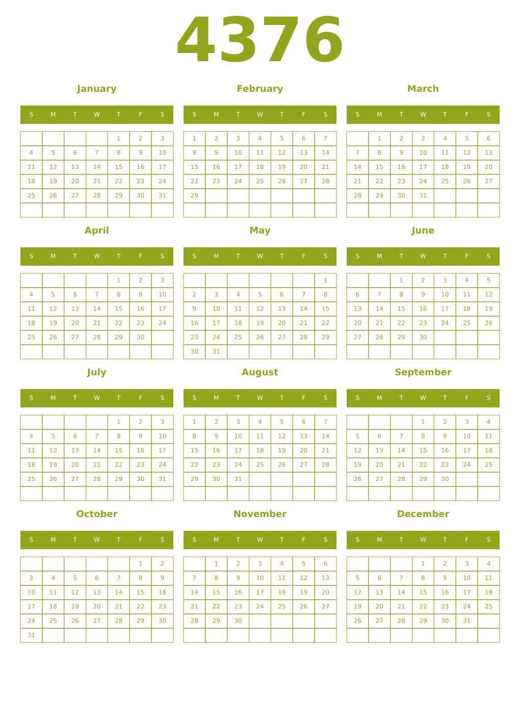 Printable 4376 Year Calendars chartreuse