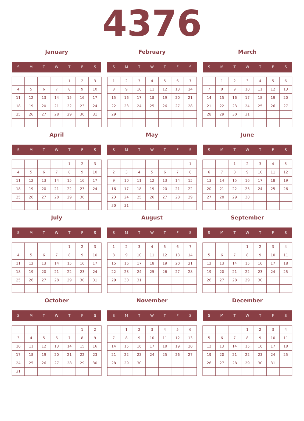Printable 4376 Year Calendars cordovan