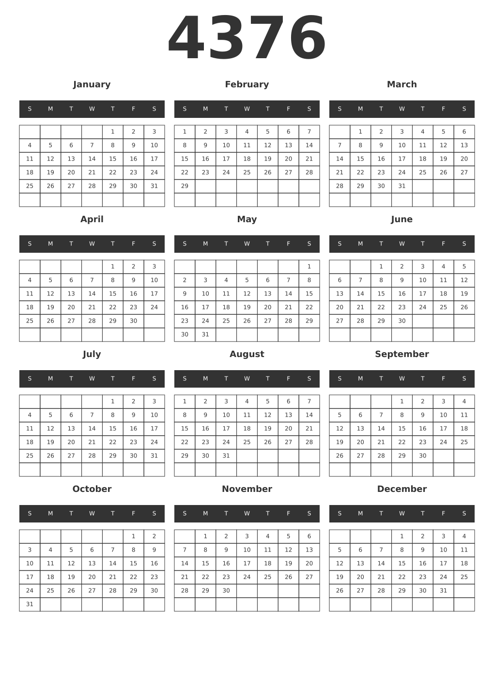 Printable 4376 Year Calendars dark