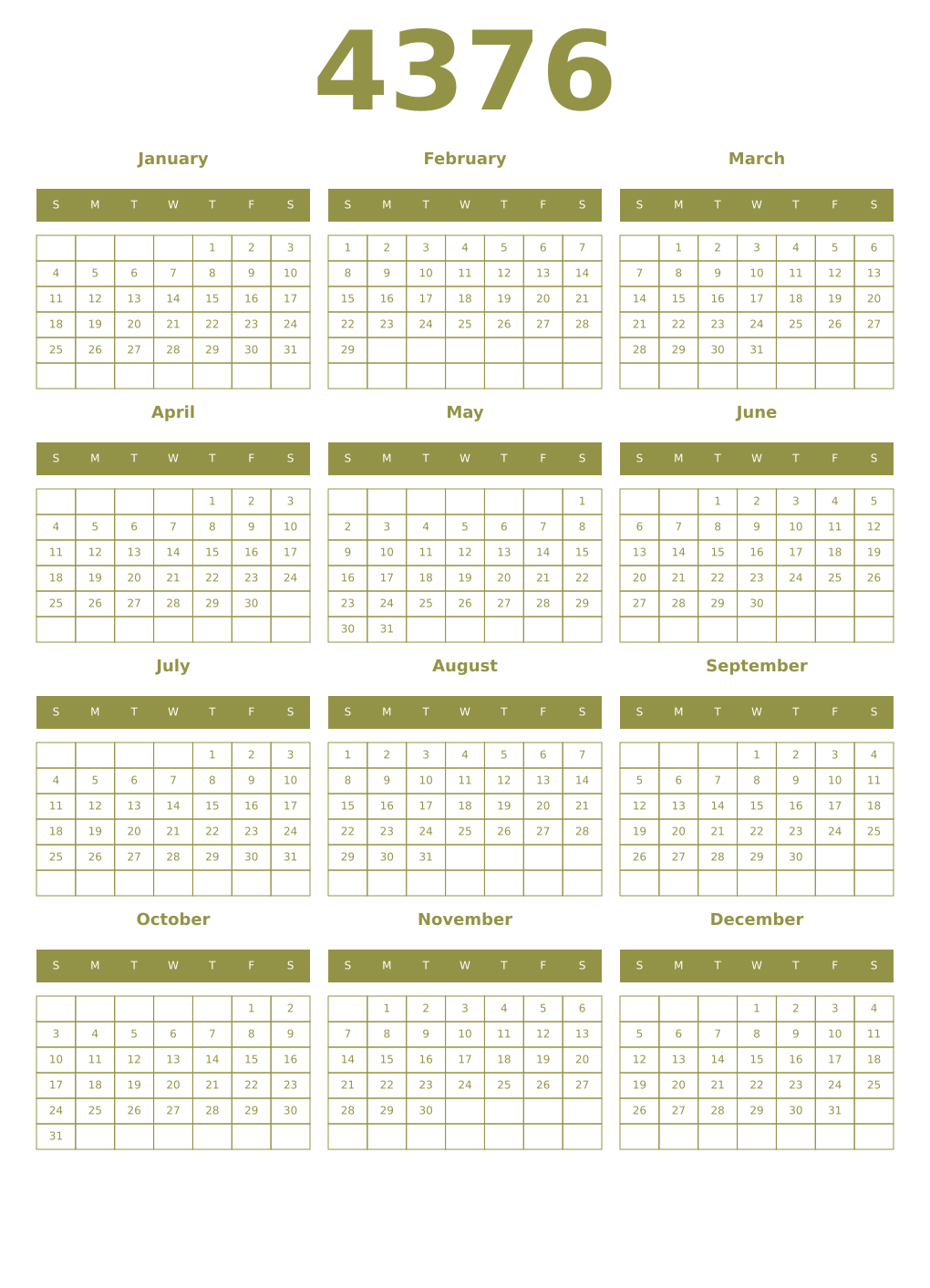 Printable 4376 Year Calendars eburnean