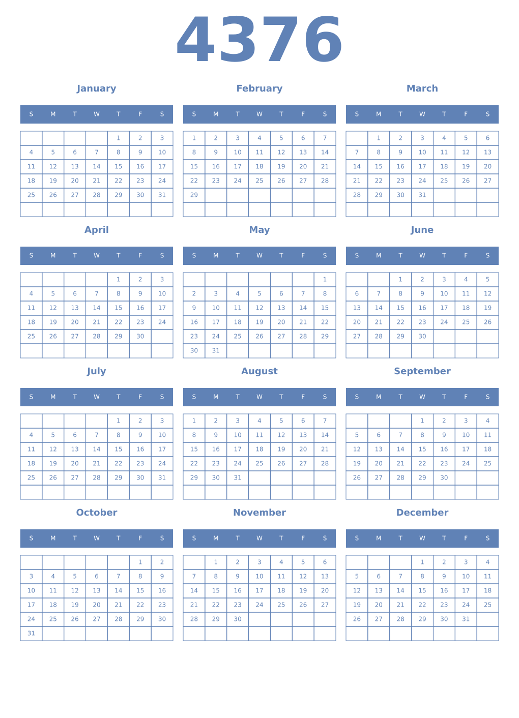 Printable 4376 Year Calendars glaucous