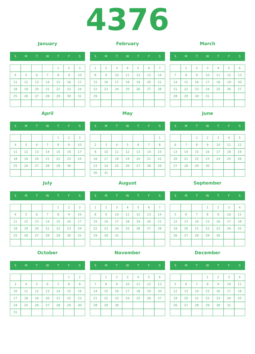 Printable 4376 Year Calendars green