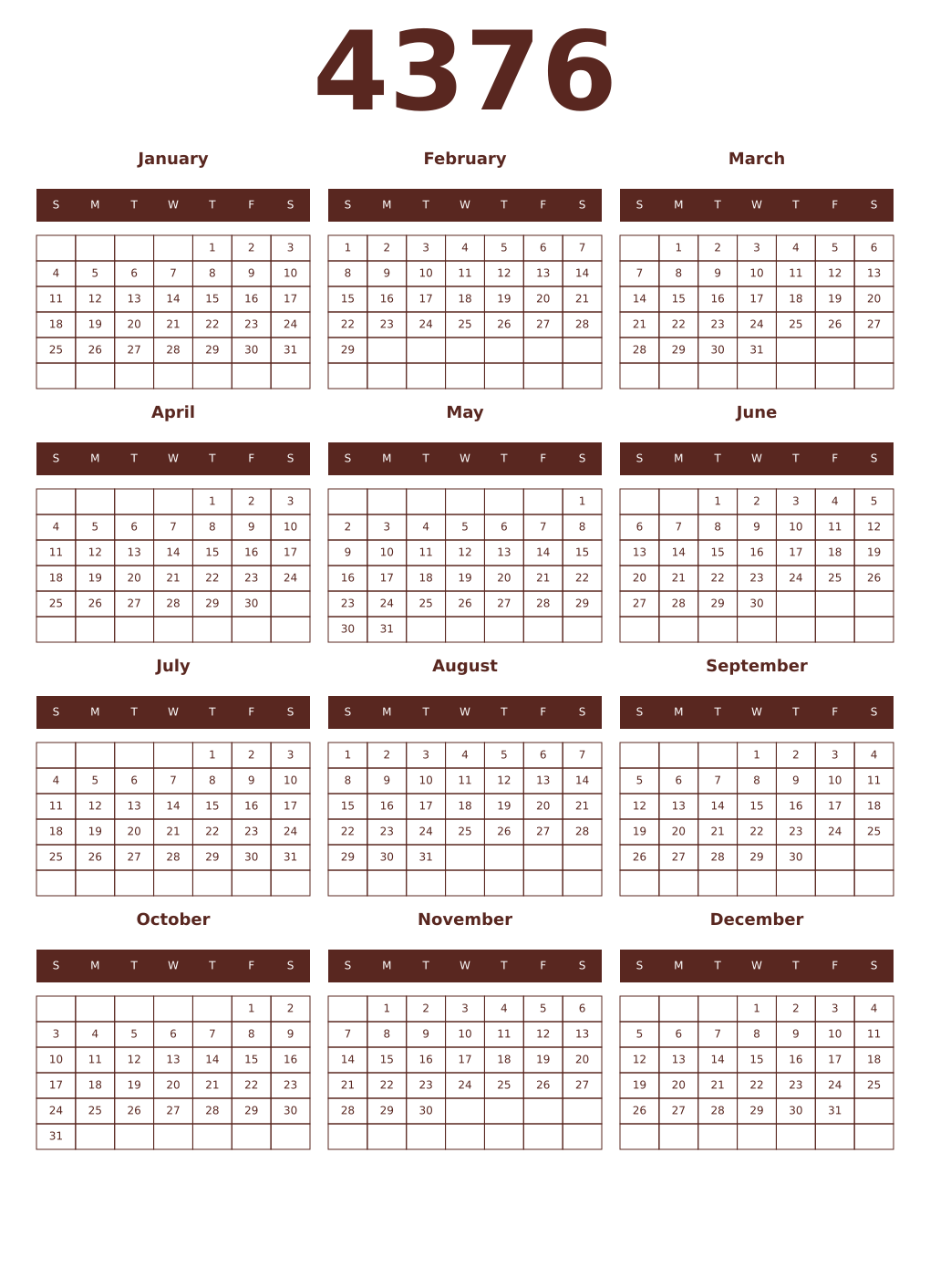 Printable 4376 Year Calendars mortuum