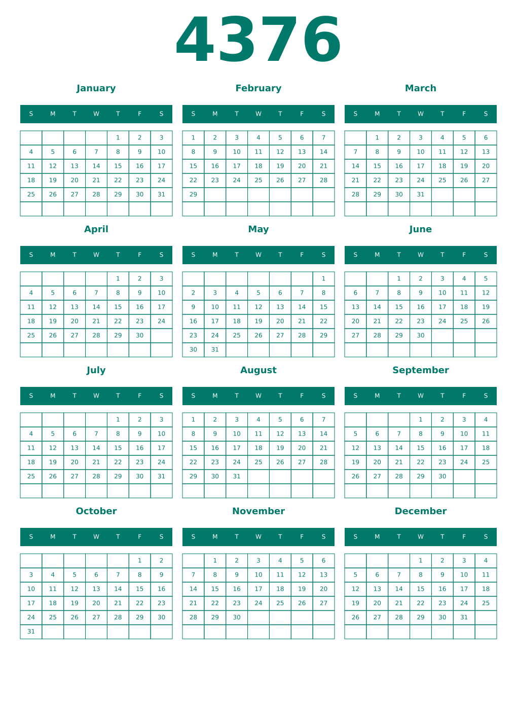 Printable 4376 Year Calendars pastel