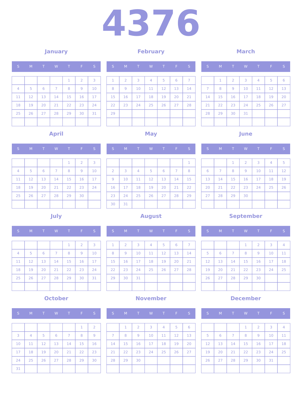 Printable 4376 Year Calendars periwinkle