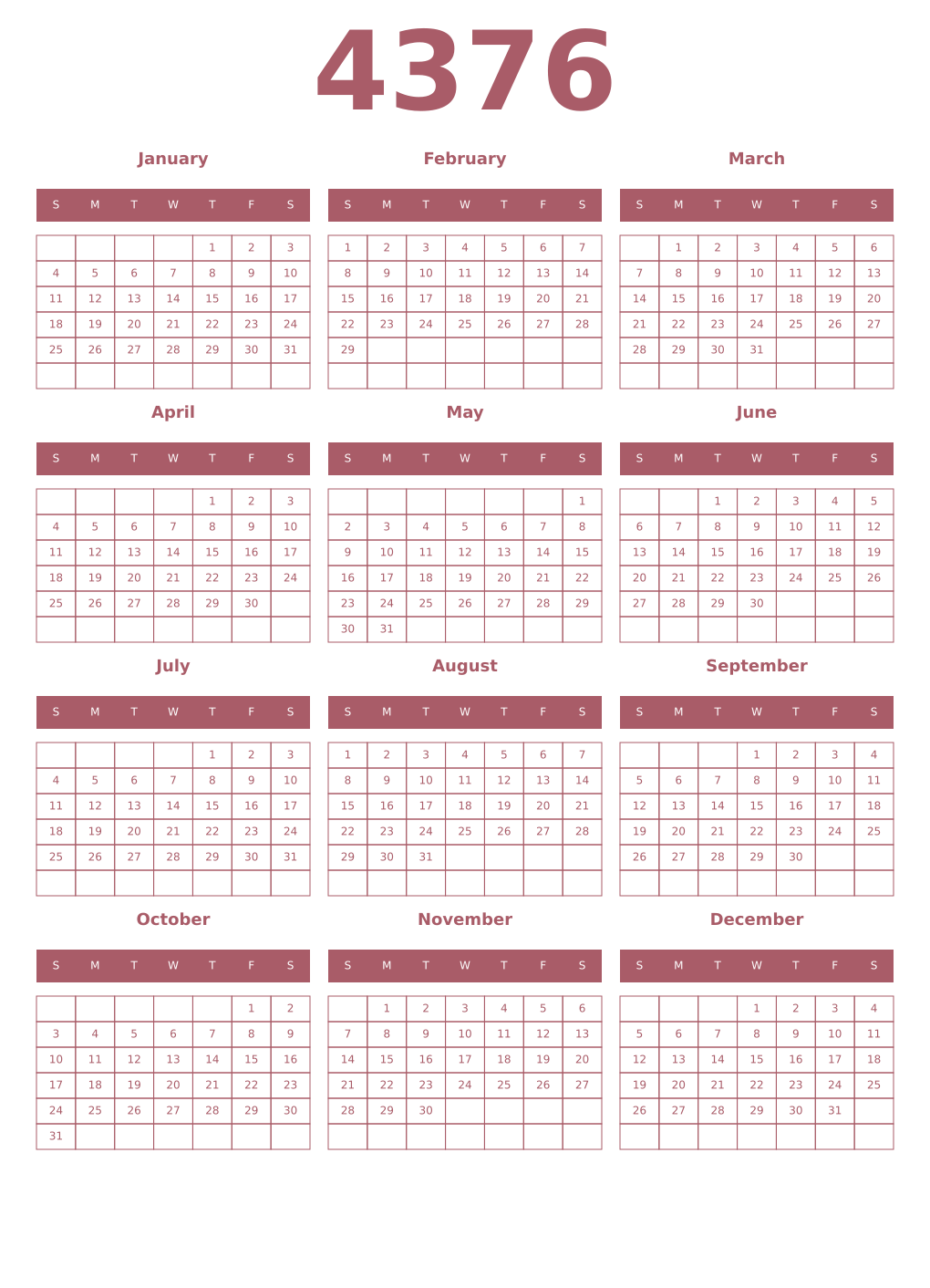 Printable 4376 Year Calendars puce