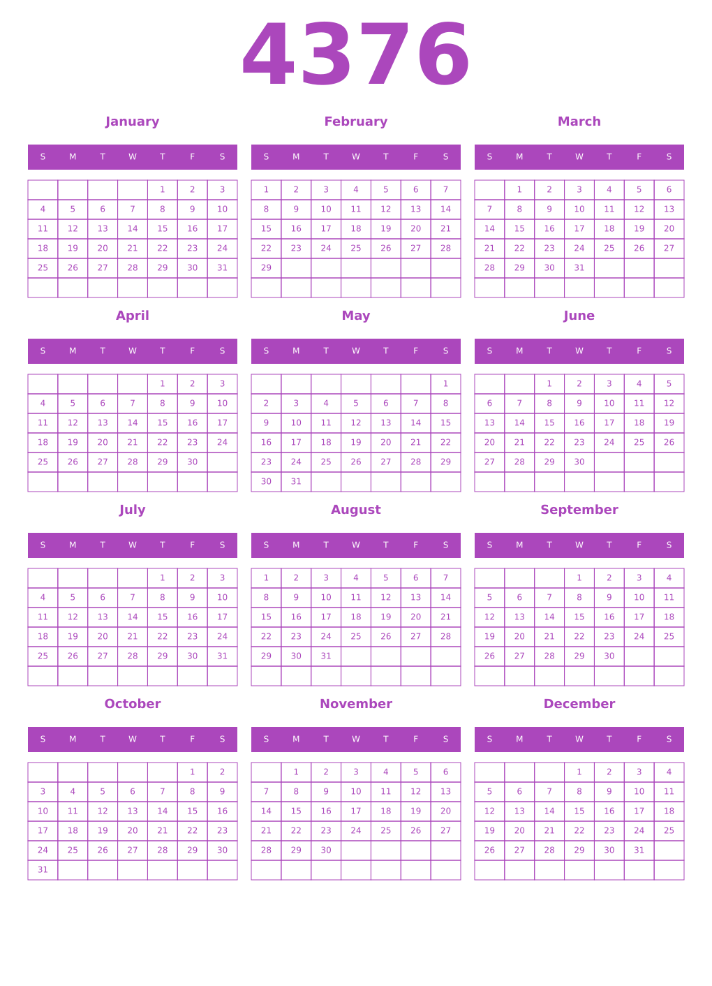 Printable 4376 Year Calendars purple