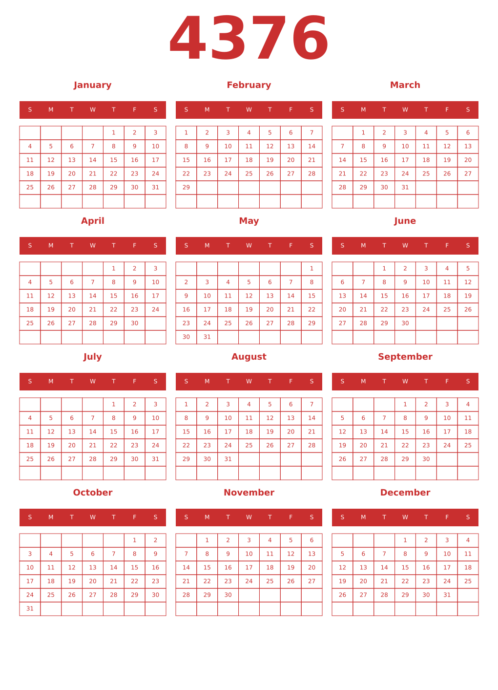 Printable 4376 Year Calendars red