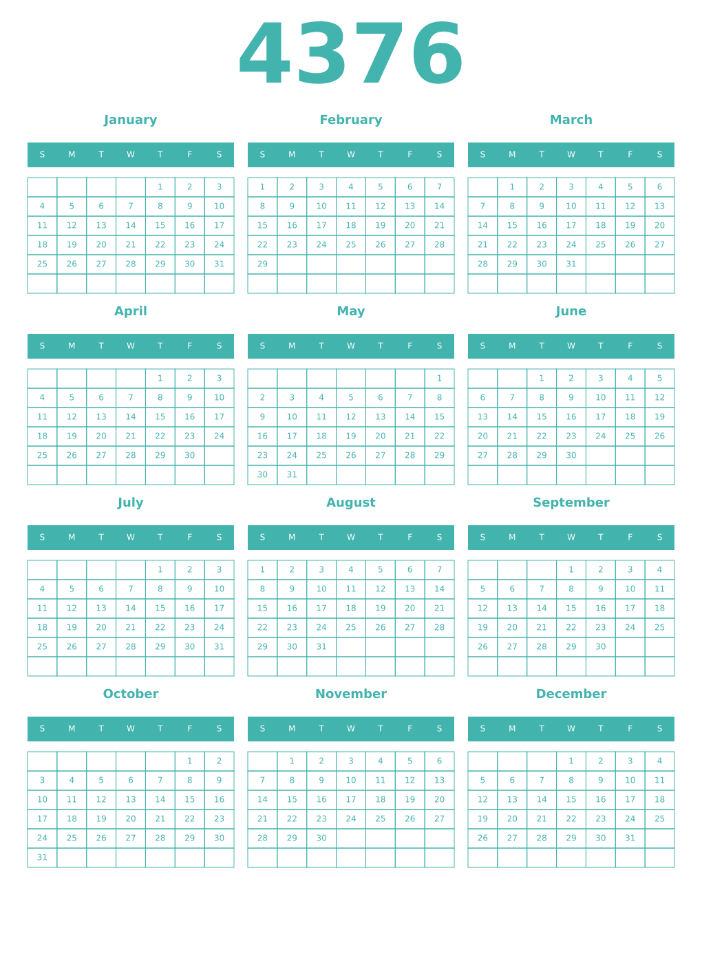 Printable 4376 Year Calendars verdigris