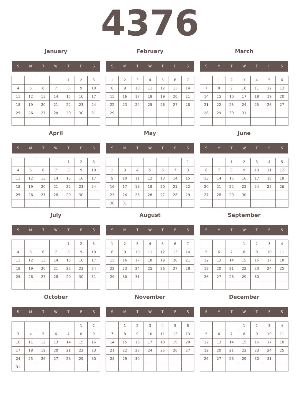 Printable 4376 Year Calendars wenge