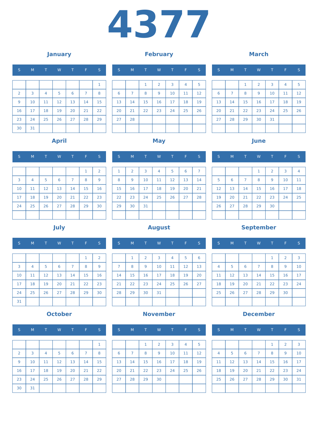 Printable 4377 Year Calendars blue