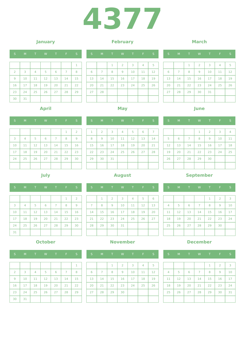 Printable 4377 Year Calendars celadon