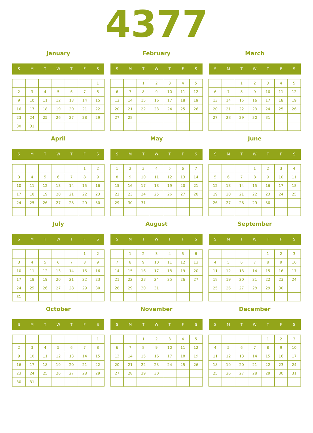Printable 4377 Year Calendars chartreuse