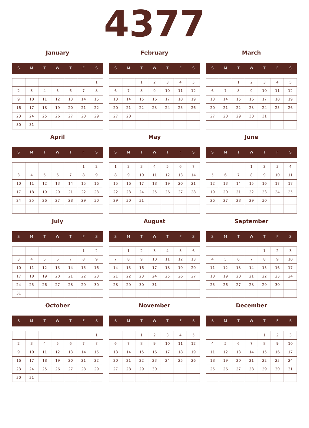 Printable 4377 Year Calendars mortuum