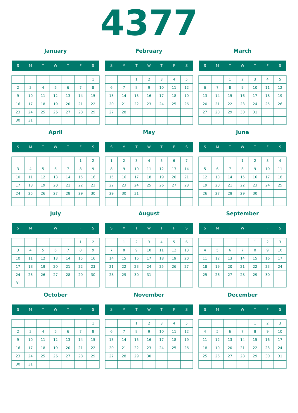 Printable 4377 Year Calendars pastel