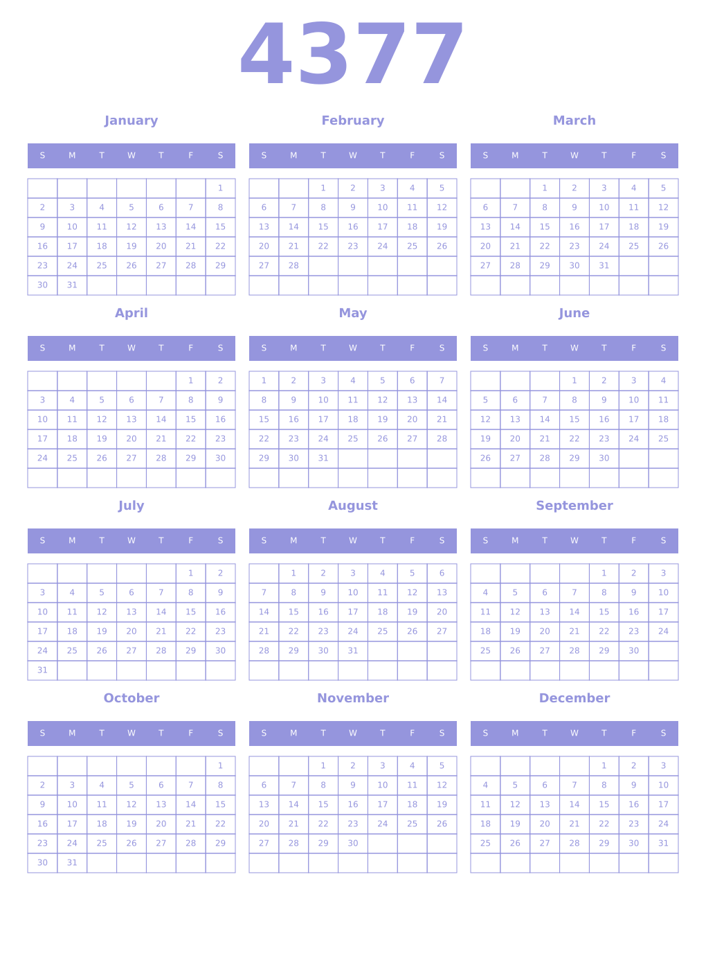 Printable 4377 Year Calendars periwinkle