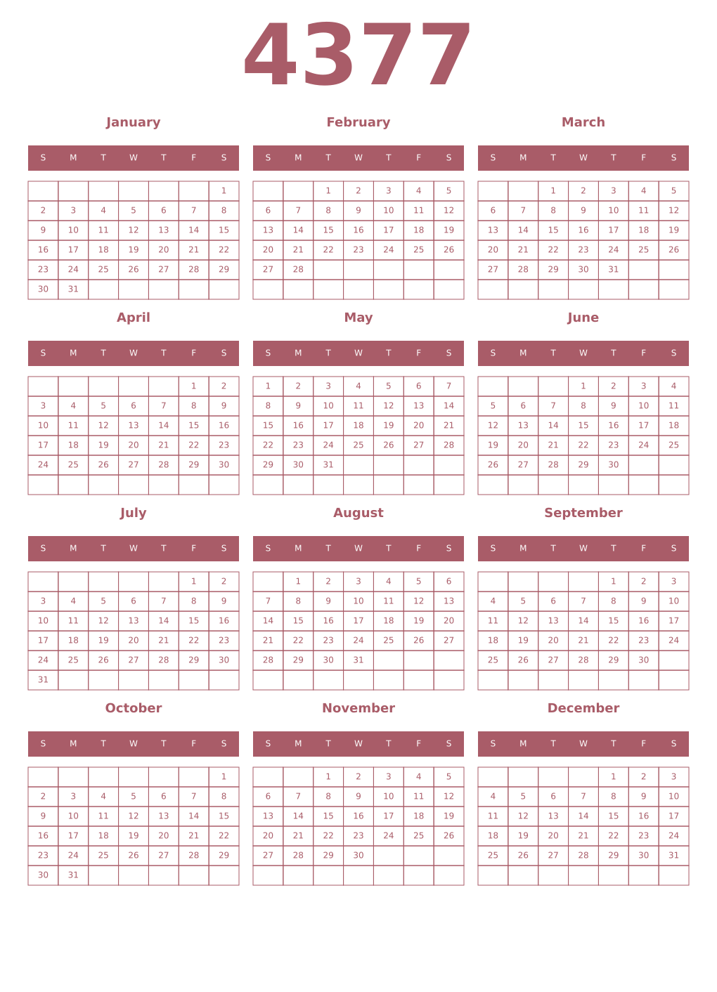 Printable 4377 Year Calendars puce